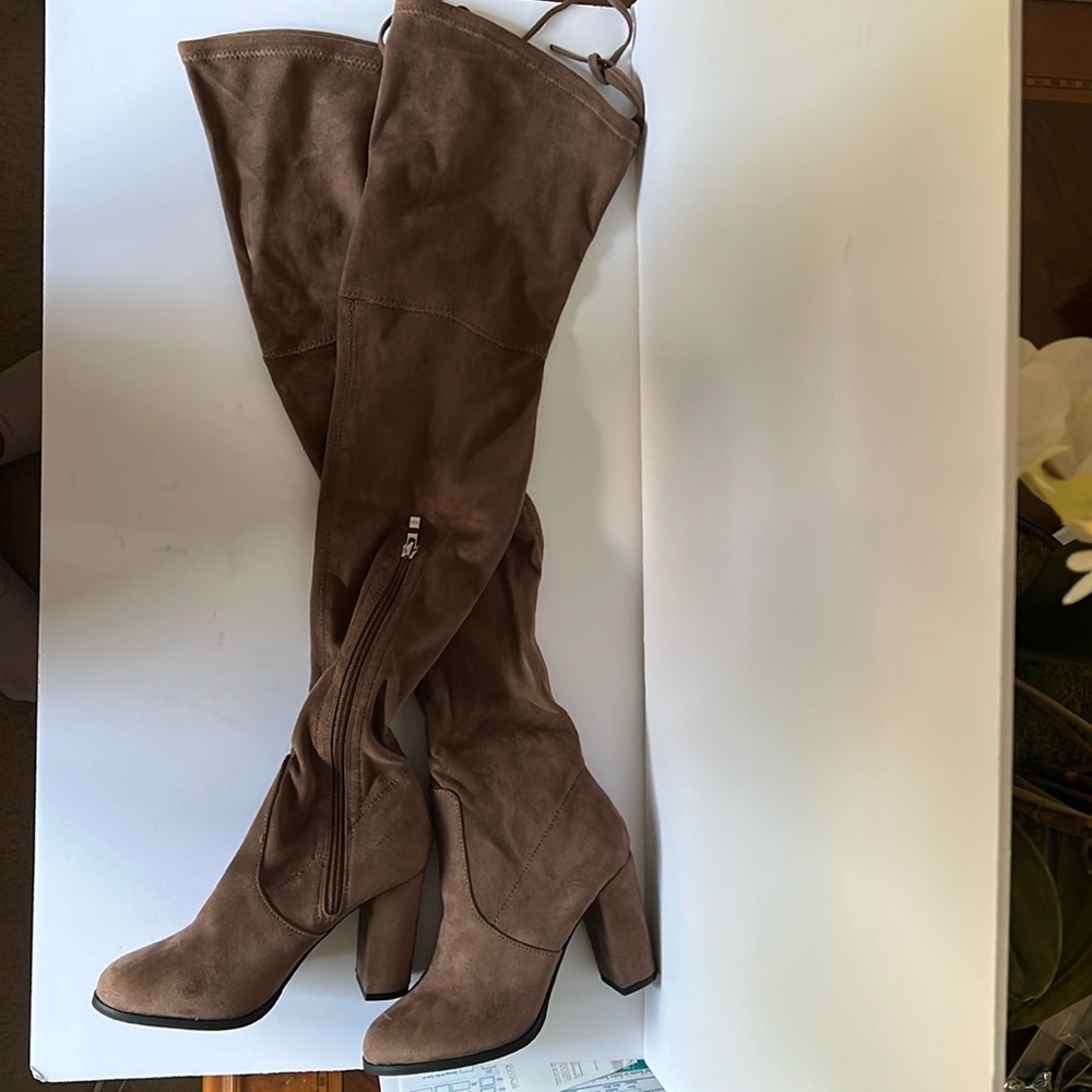 Tan faux suede thigh high boot